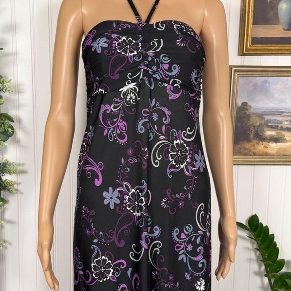 Y2K Hypnotized Black Purple Floral Halter Maxi Dress Size S