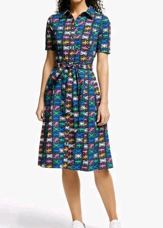 BODEN Women’s ANASTASIA 97% Cotton Navy Union Flags Belted Midi Dress UK 10 R