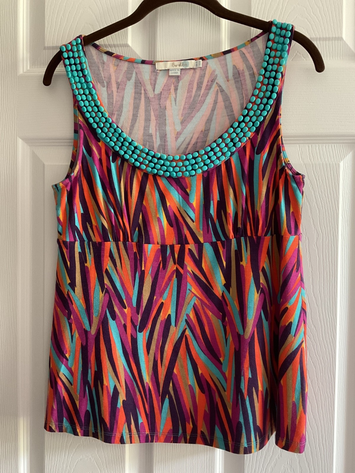 Boden Sleeveless Viscose Print Top Shirt Blouse with Turquoise Beads UK12 US 8