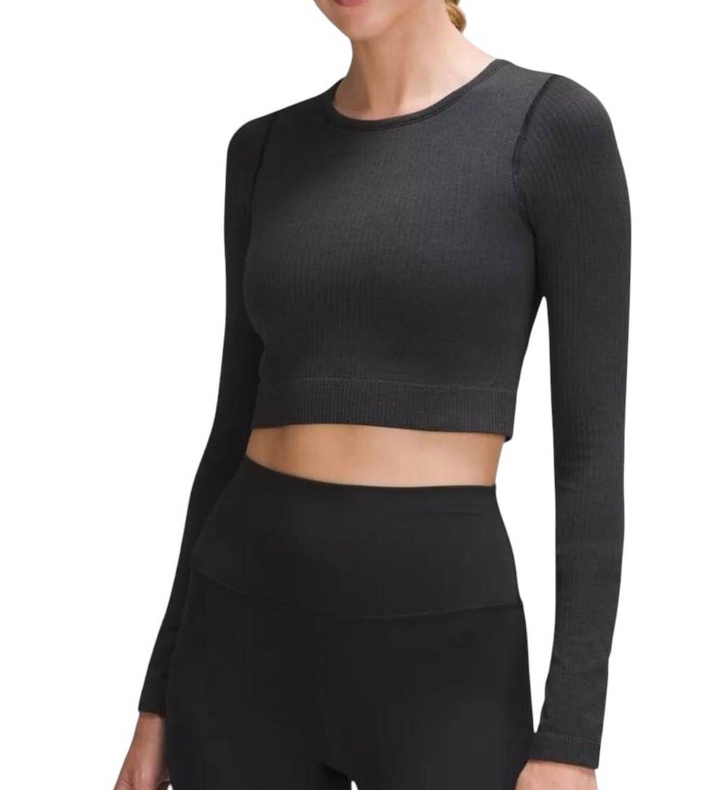 Lululemon Ebb to Street Cropped Long Sleeve Ribbed Bra Top size 8 Charcoal