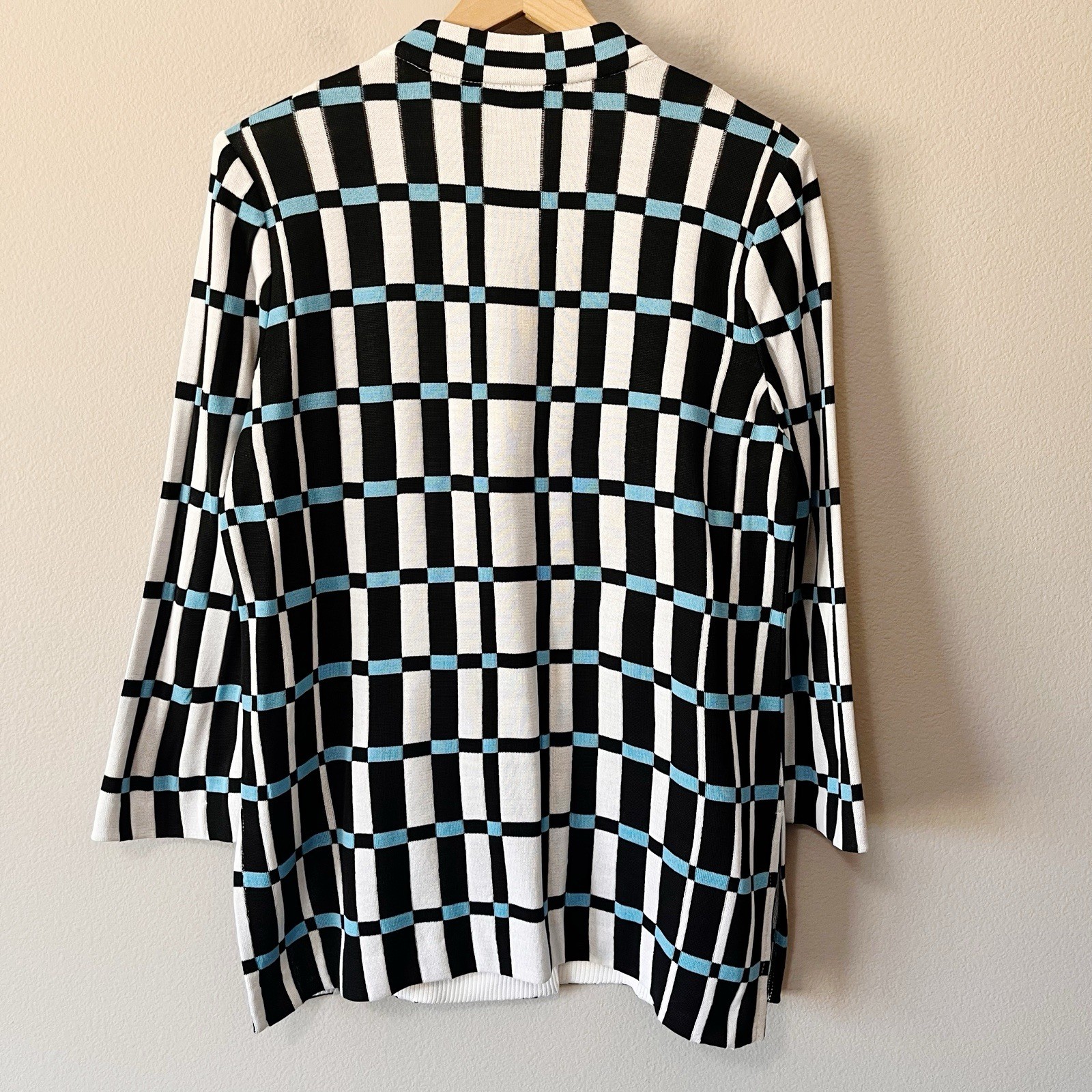 Ming Wang Checked 3/4 Sleeve Cardigan Jacket Black White Blue Size Medium