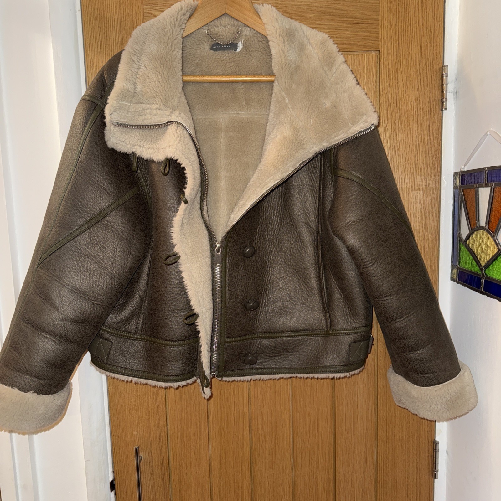 Mint Velvet Women’s Flying Jacket Size XL Faux Leather Tan with Cream Faux Fur
