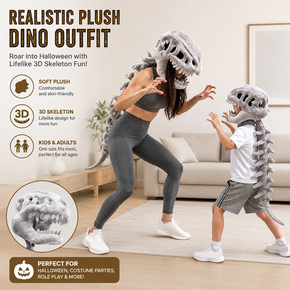 Dinosaur Skeleton Costume for Kids Halloween Cozy Plush 3D Dino Toy Skull Spine