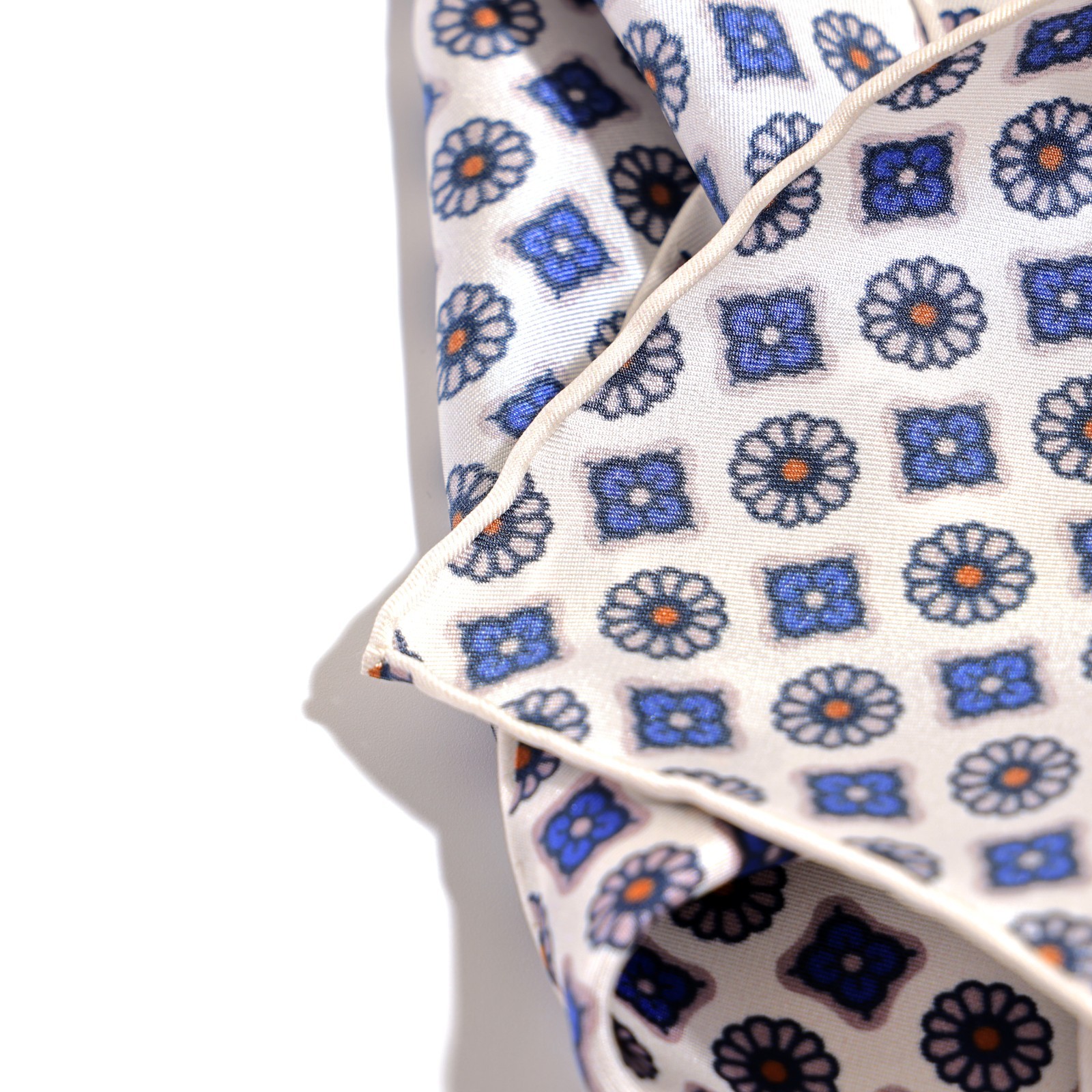 Men’s 100% Silk White Blue Micro Floral Pocket Square Hand Rolled Wedding 11.8″