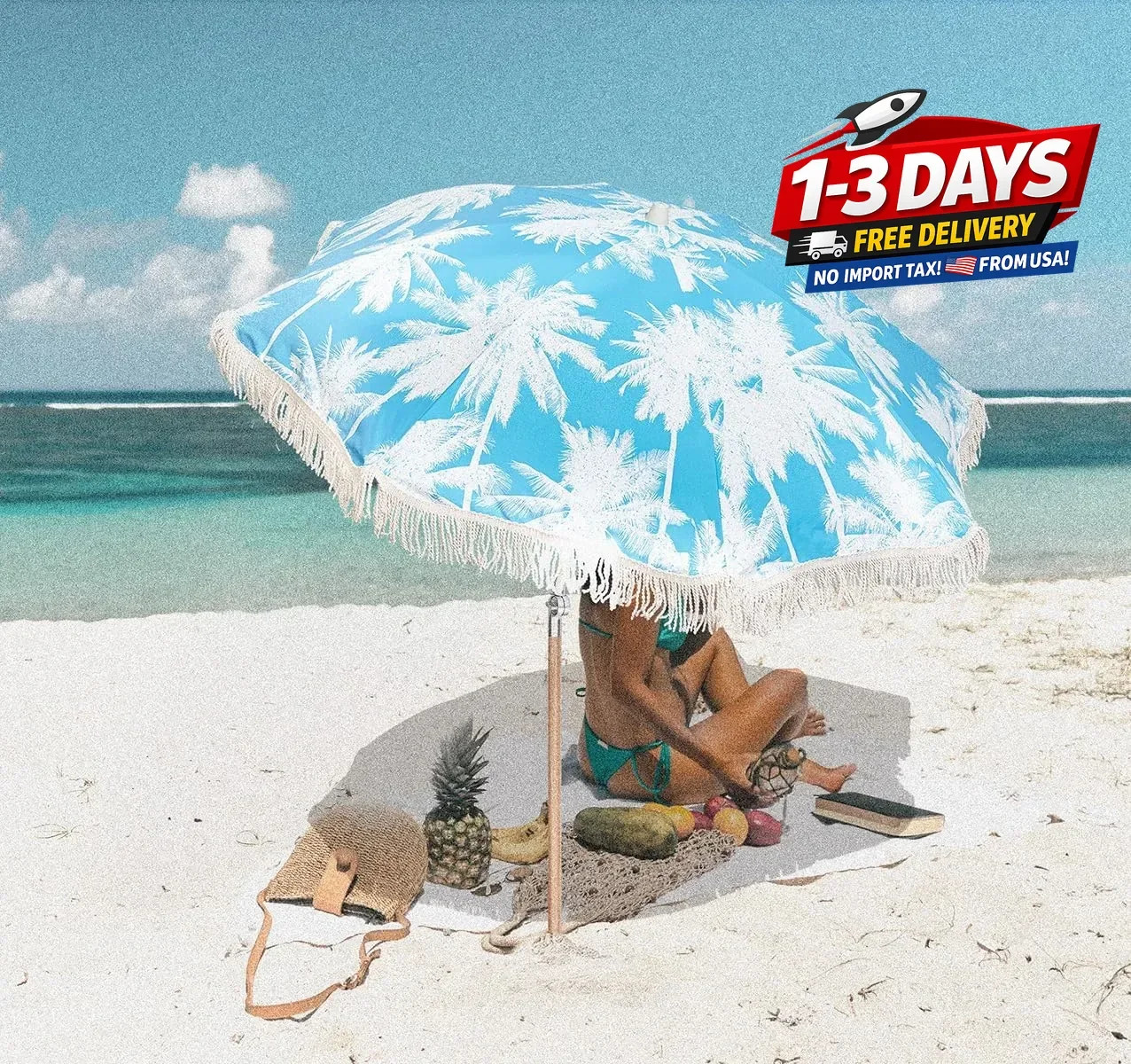 6.5Ft Boho Beach Umbrella with Fringe, Tassel Umbrellas with Tilting Wood Pole &
