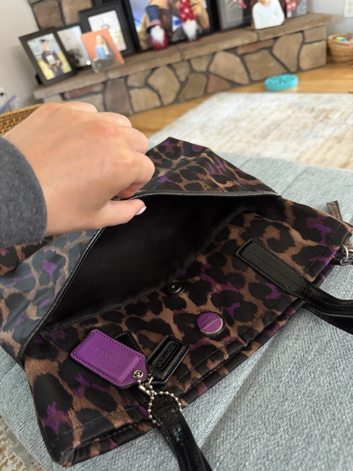 Coach Signature Ocelot Leopard Print Tote F25282 – Black/Purple/Brown Sateen