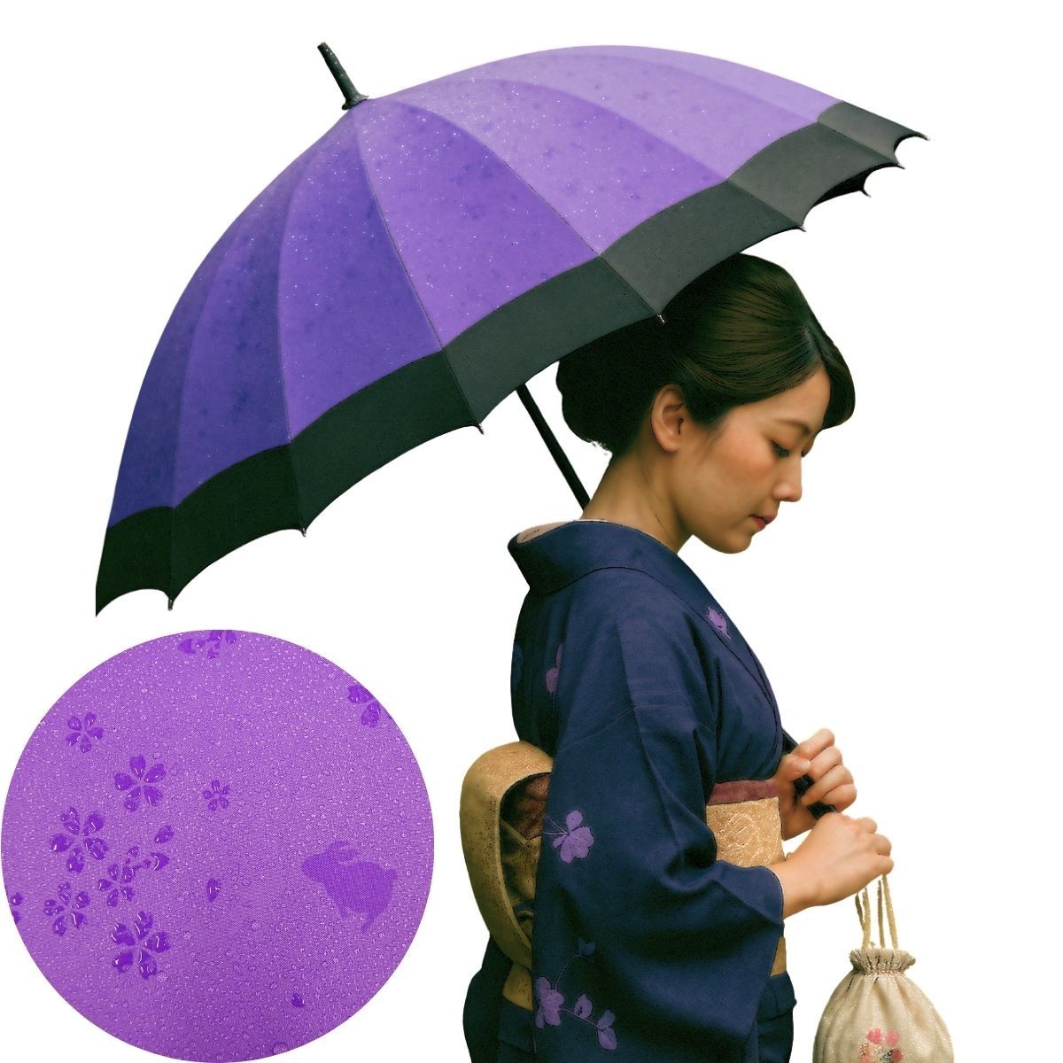 Japanese Style 12Rib Wagasa Jump Umbrella Waterproof Sakura Rabbit Design 21.6in