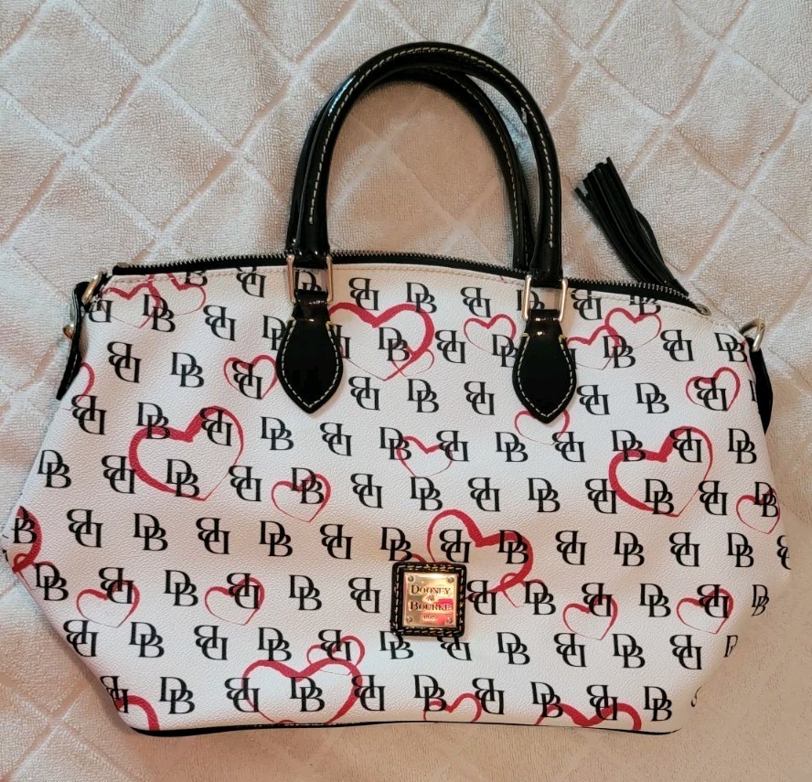 Dooney & Bourke DB Heart Print Satchel White Black Red Coated Canvas Bag