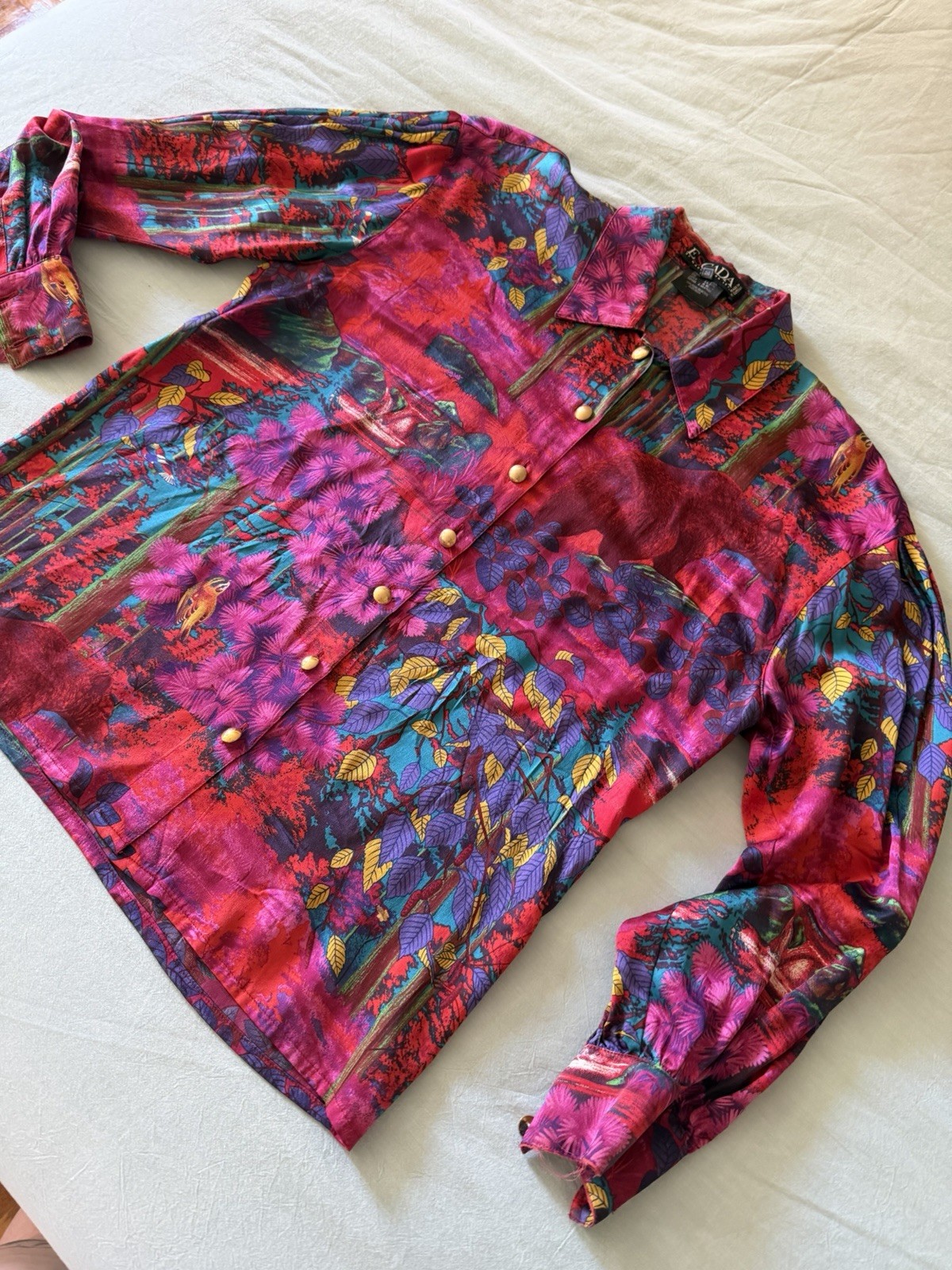 Vintage Escada Silk Blouse Button Up Neon Animal Forest Print Maximalism 36 S/M