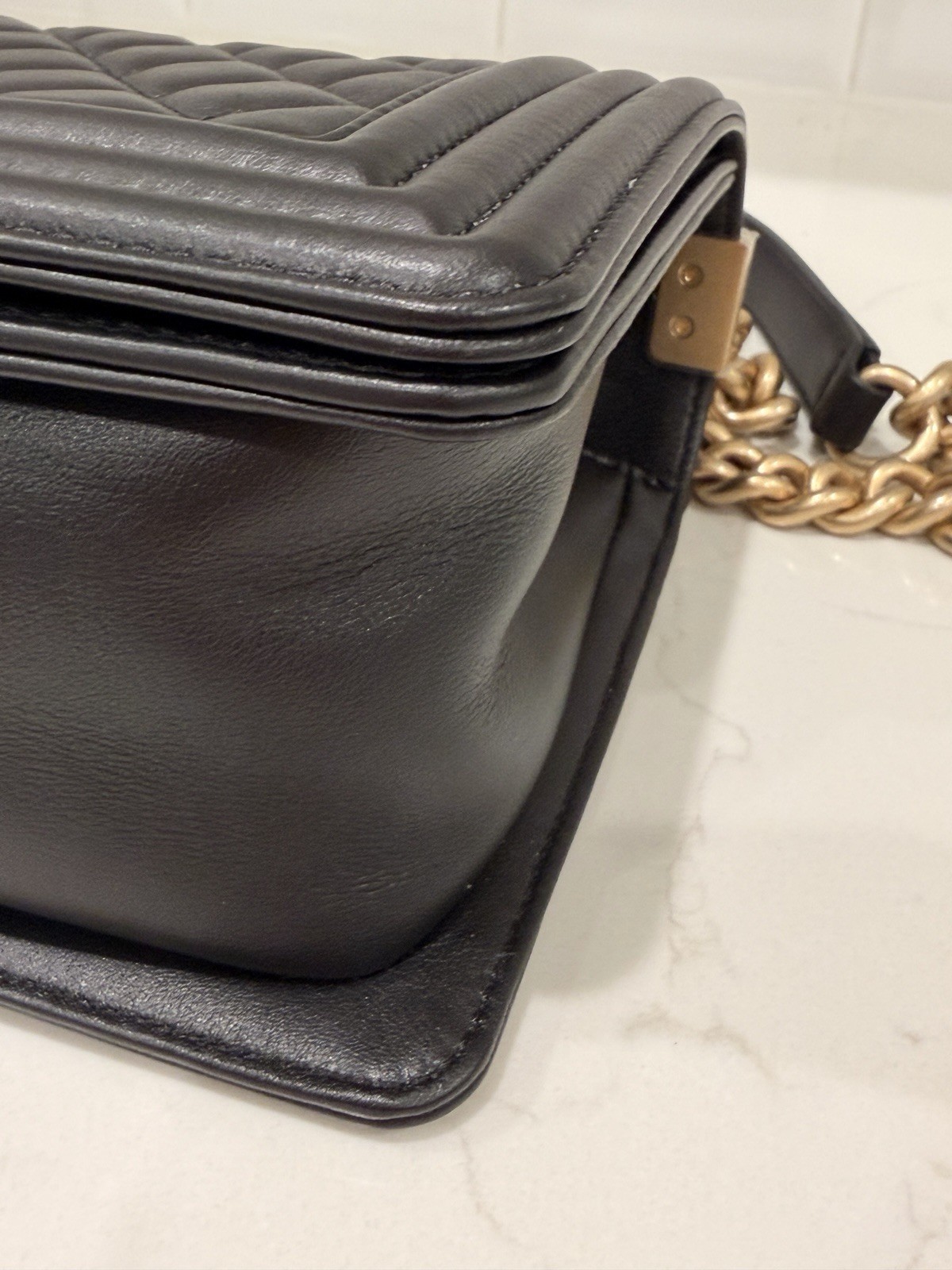 Exceptional CHANEL Boy Gold Hardware Quilted Shoulder Bag Medium Black Leather