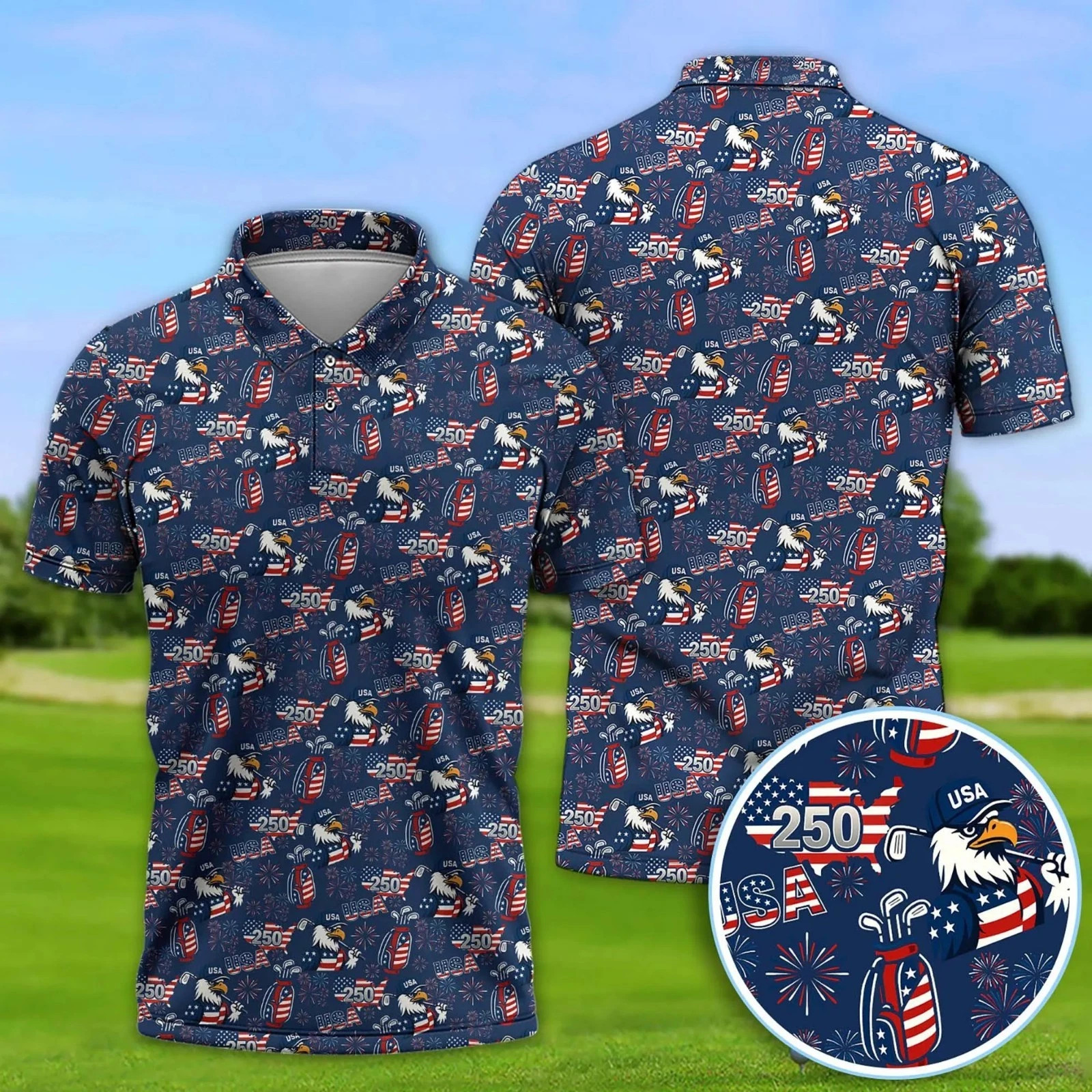 We The People 250th Anniversary Golf Polos, Patriotic Eagle American Flag Shirt