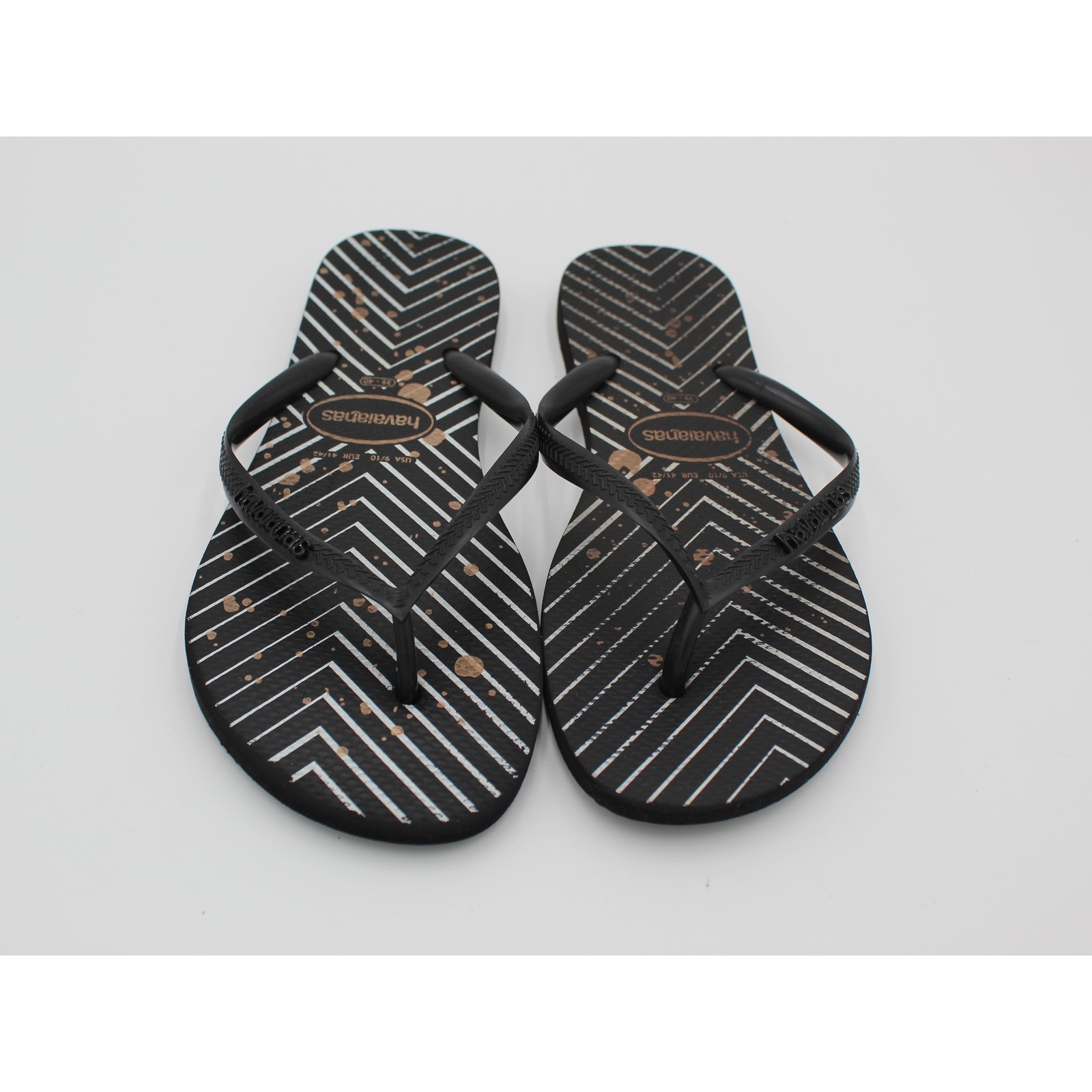 Havaianas Slim Metallic Print Flip Flops Womens 9 10 Black Beach Summer Resort
