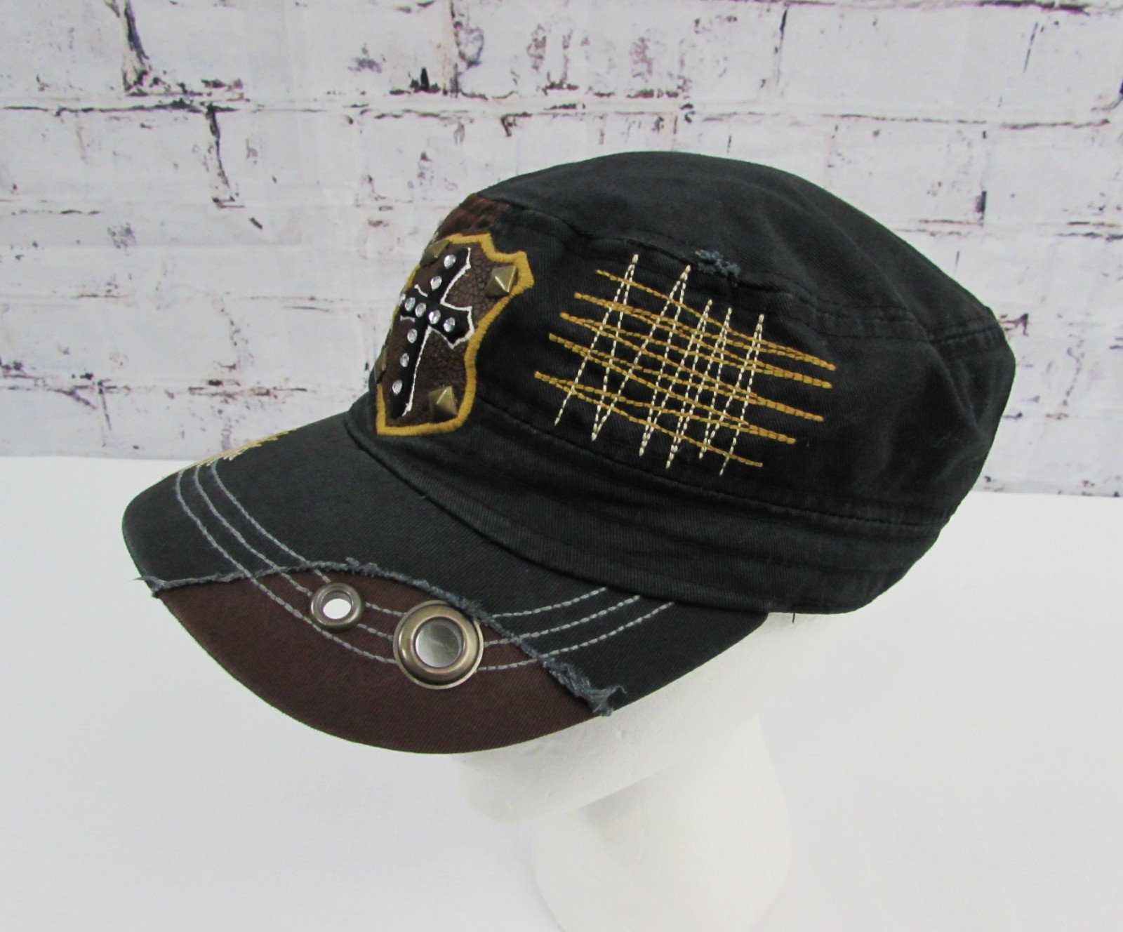 KBETHOS Military Cadet Hat Cap Fitted Womens Brown Faith Cross Distressed