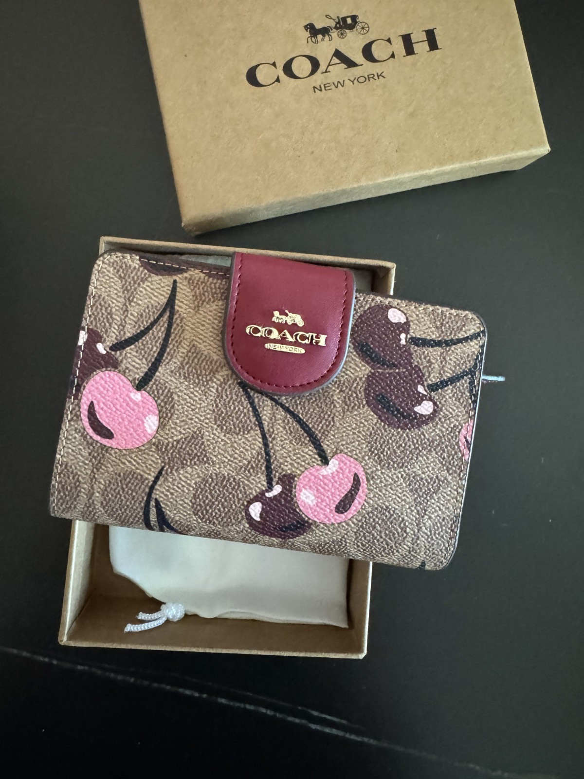 NEW Coach Med Corner Zip Wallet Clutch CZ342 Brown Signature Canvas Cherry Print