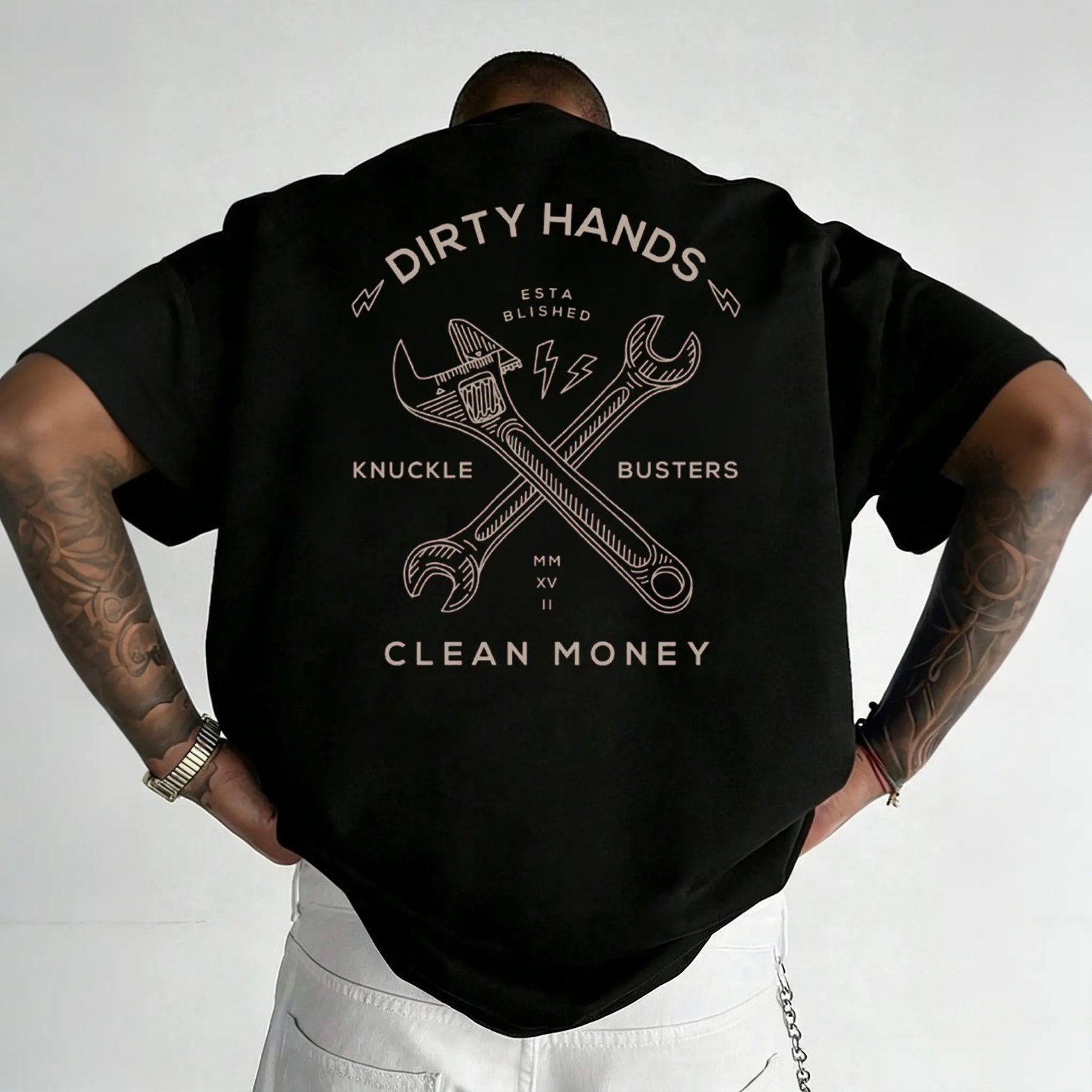 “Dirty Hands, Clean Money” wrench graphic t-shirt, workwear-style graphic print