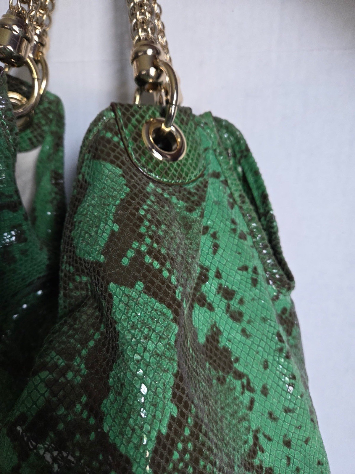 Antonio Melani Green Snake Print Leather Hobo Shoulder Bag Gold Chain Large