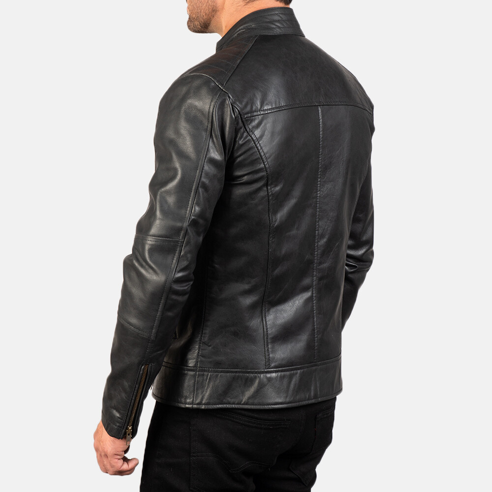 Mens Cafe Racer Leather Jacket Pure Black Lambskin Size XS S M L XL XXL 3XL 4XL