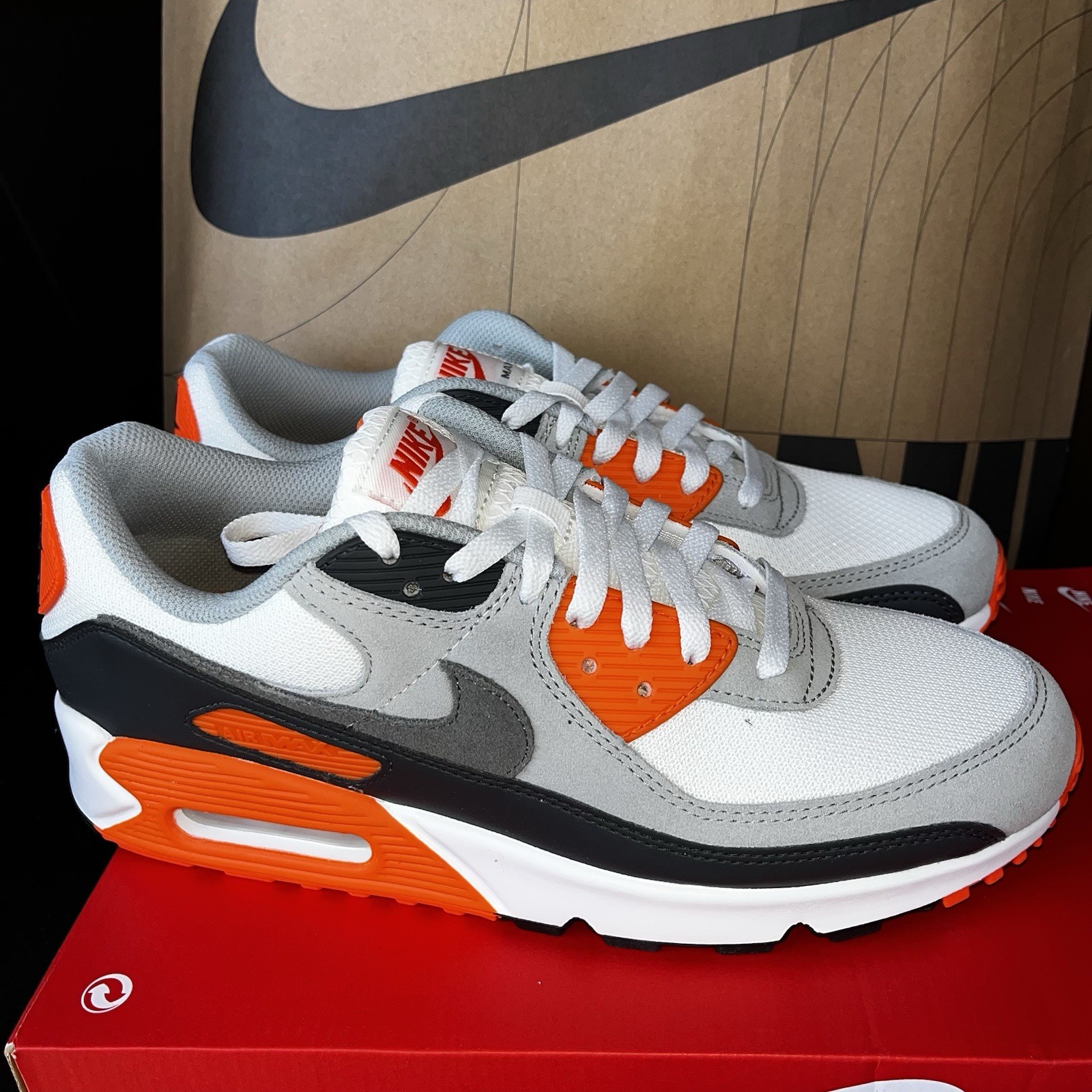 NEW Nike Air Max 90 White Safety Orange Black NBY DM0029 108 Men’s Size 9