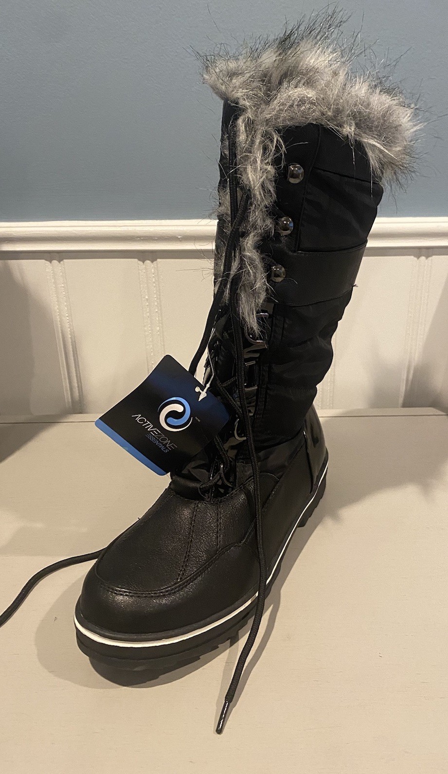 ActiveZone Essentials Black Mid-Calf Snow Boots Womens Size 10W Faux Gray Fur