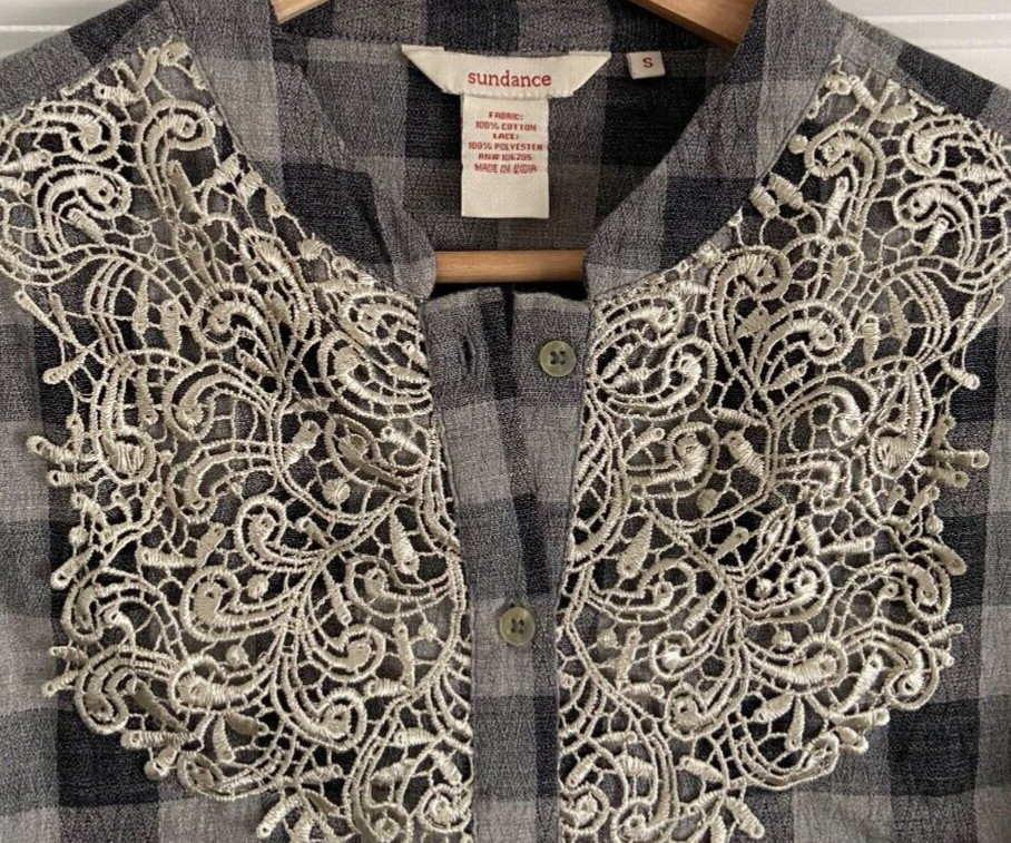 Sundance Plaid Lace Shirt S Gray Check Button Up Western Cowgirl Redford Cassidy