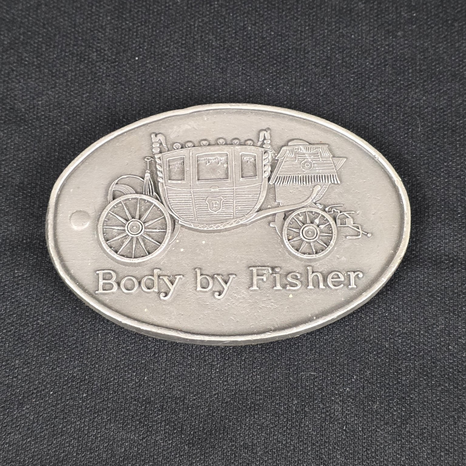 Body by Fisher Belt Buckle Pewter 3.5×2.25in Vintage Coach Car Engraved