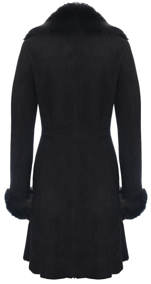 Ladies Warm Black Suede Merino Shearling Sheepskin Coat with Toscana Collar