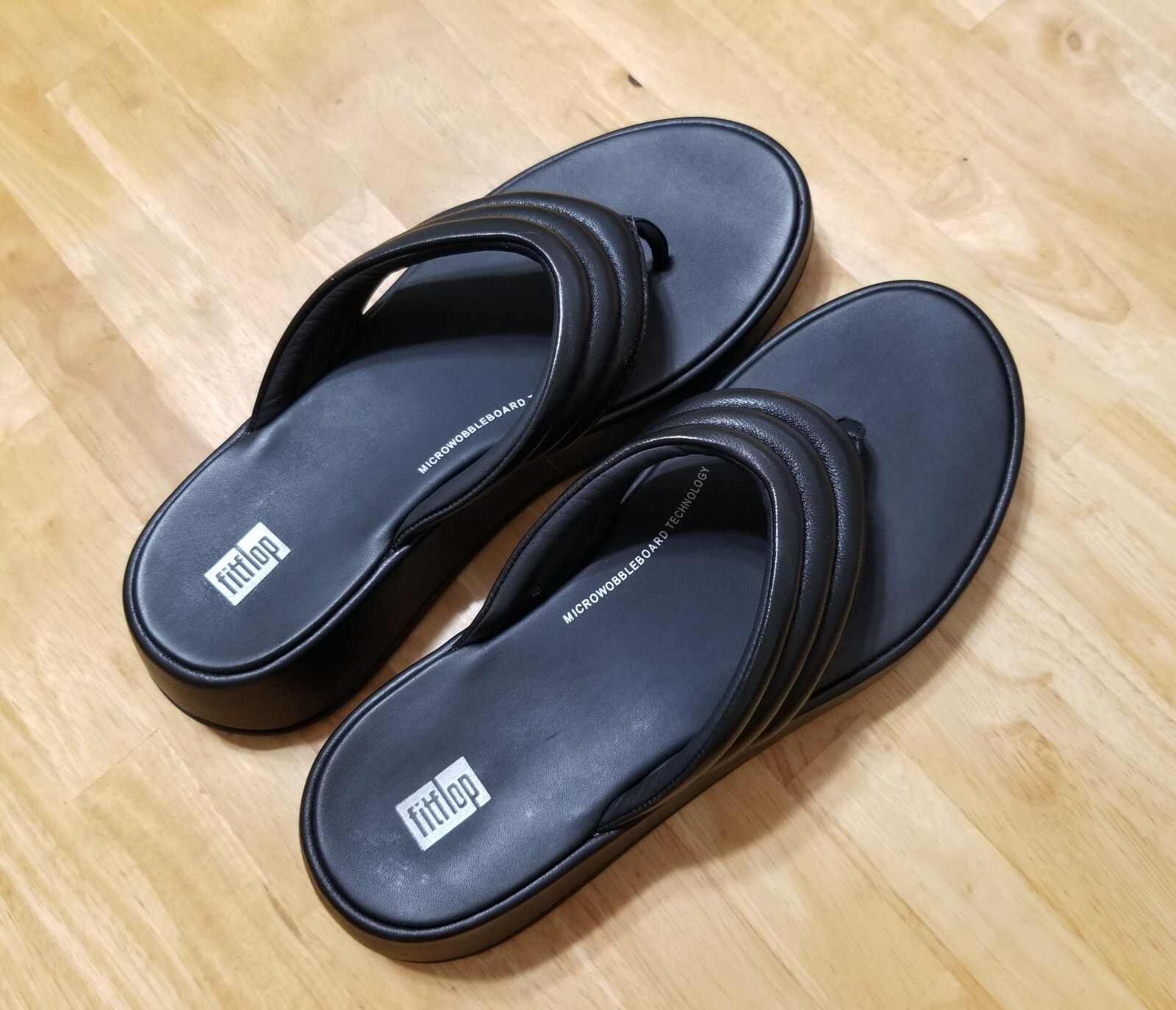 NIB FitFlop F-MODE Padded Leather Flatform Toe-Post sandals black size 10 $180