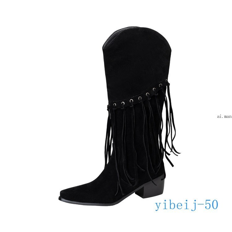 Women Tassel Mid Calf Boot Velvet Western Cowgirl Shoes Dress Formal Fall Winter
