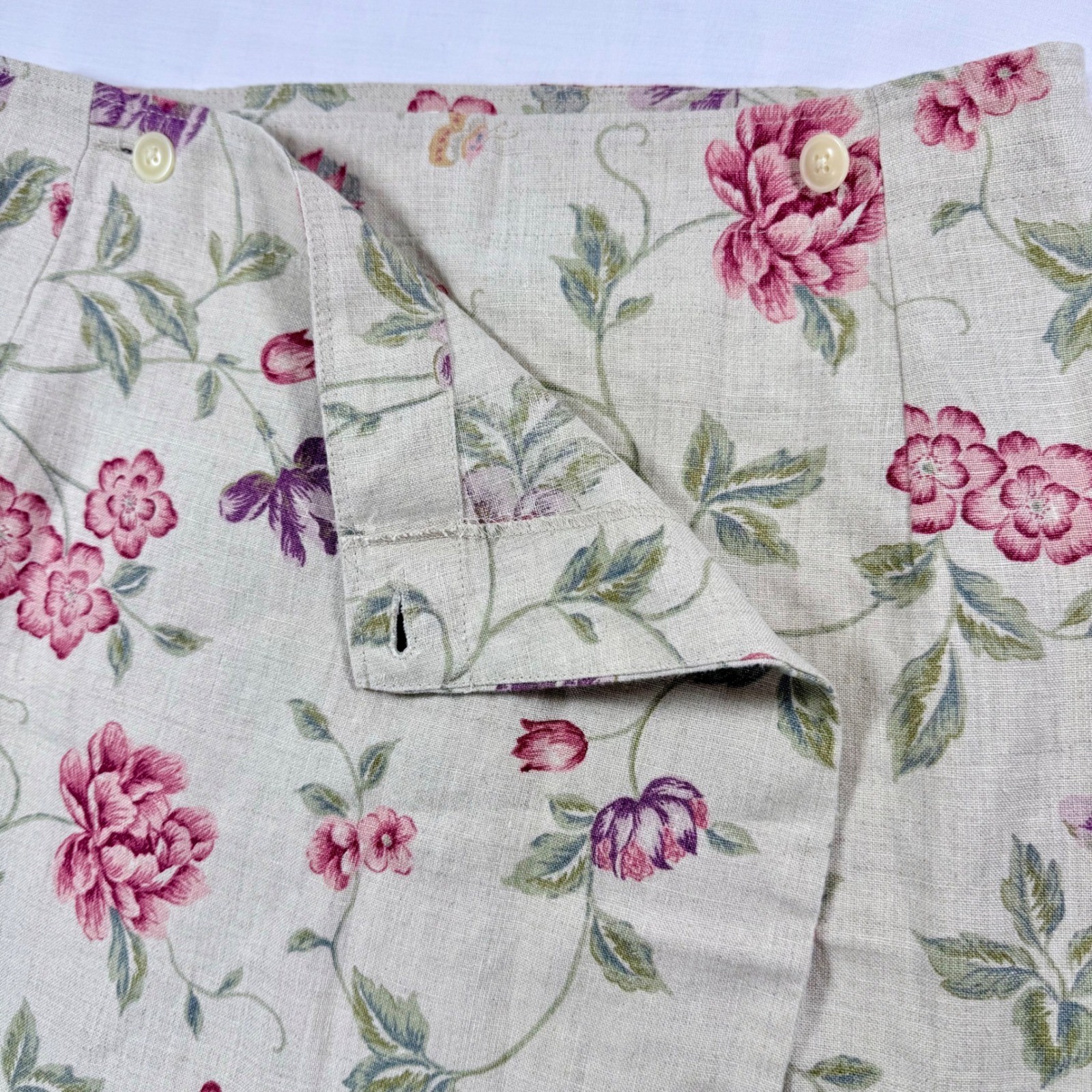 VTG 90s Eddie Bauer Womens Floral 100%Linen Wrap Skirt Beige Pink Purple Maxi 10