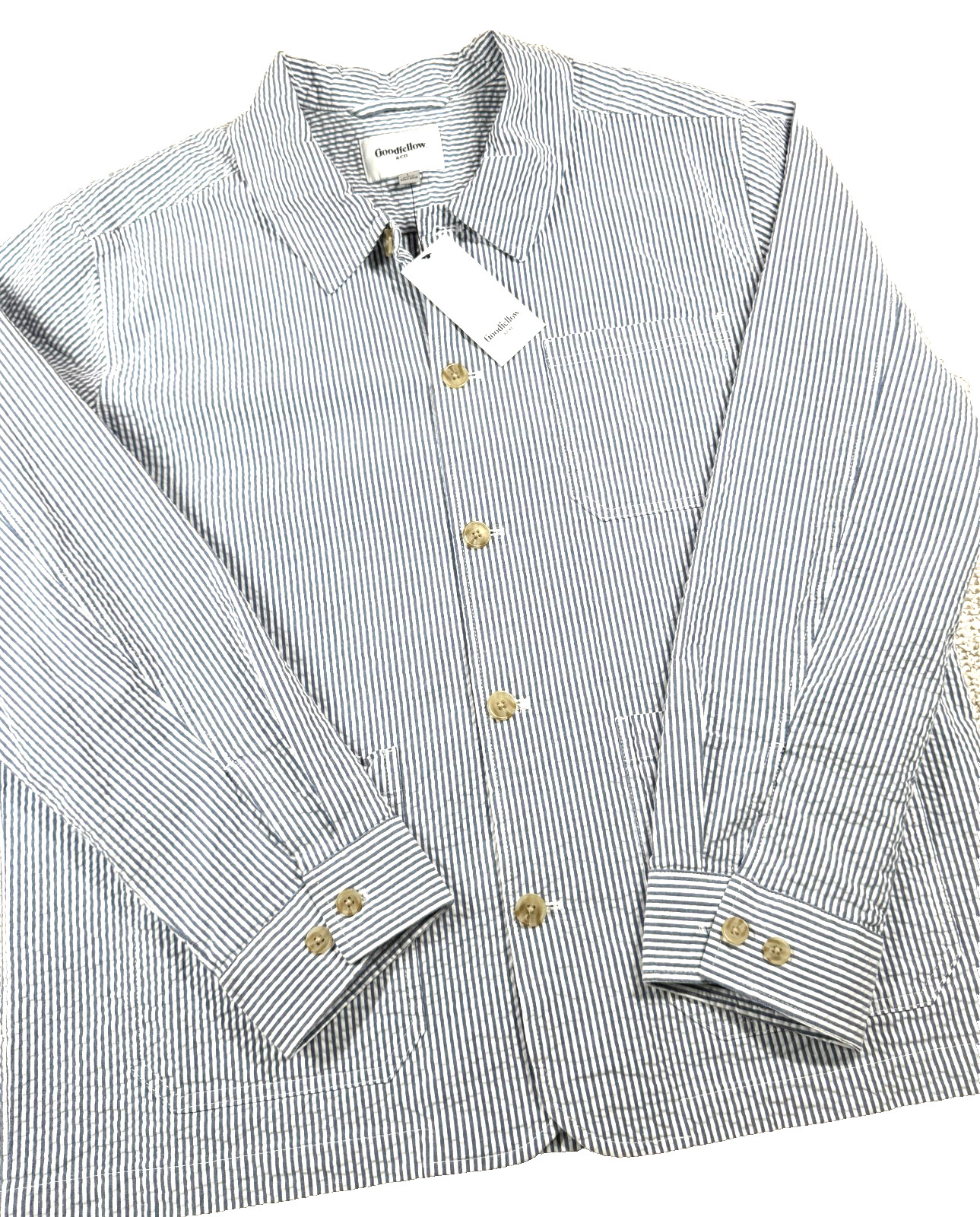 Goodfellow & Co Seersucker Chore Jacket Men’s Large Blue White Stripe NWT 0283