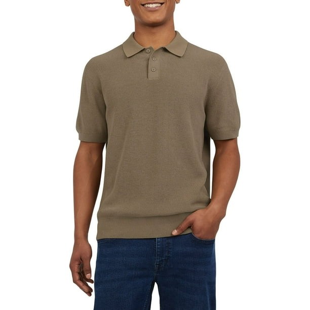NWT DKNY Mens Cream Short Sleeve Rib Knit 3 Button Placket Collar Sweater Polo L