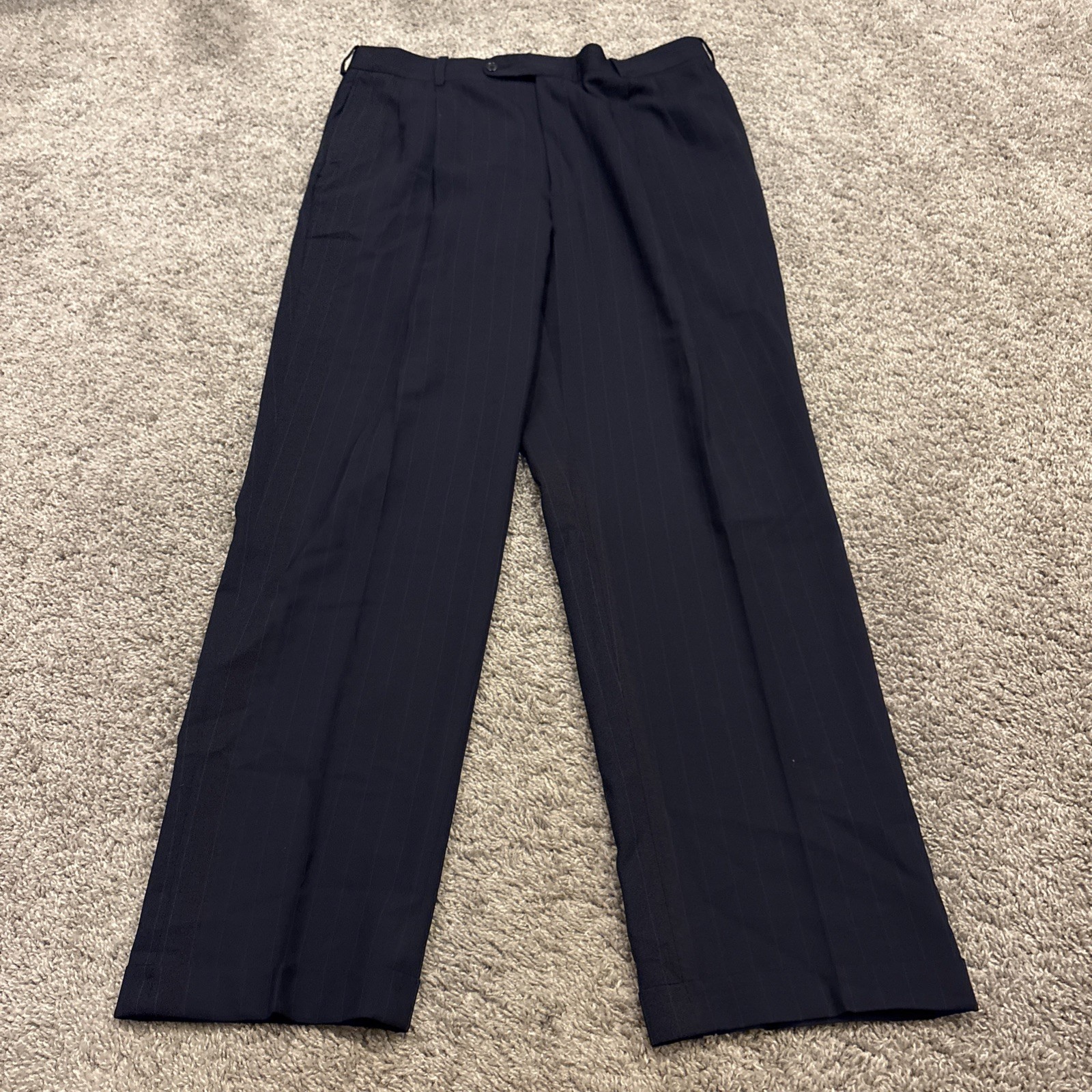 Tom James Mens 42R Pinstripe 2 Piece Suit Blue Corporate Image Pleated 36×32