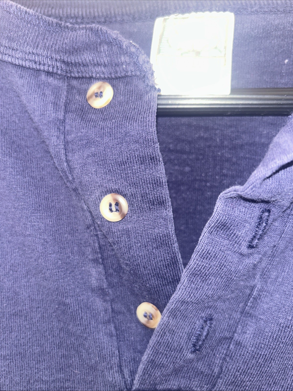 Vtg Mens Henley Size Large Cotton Deluxe Anvil 100% Cotton Navy Blue Duck Logo