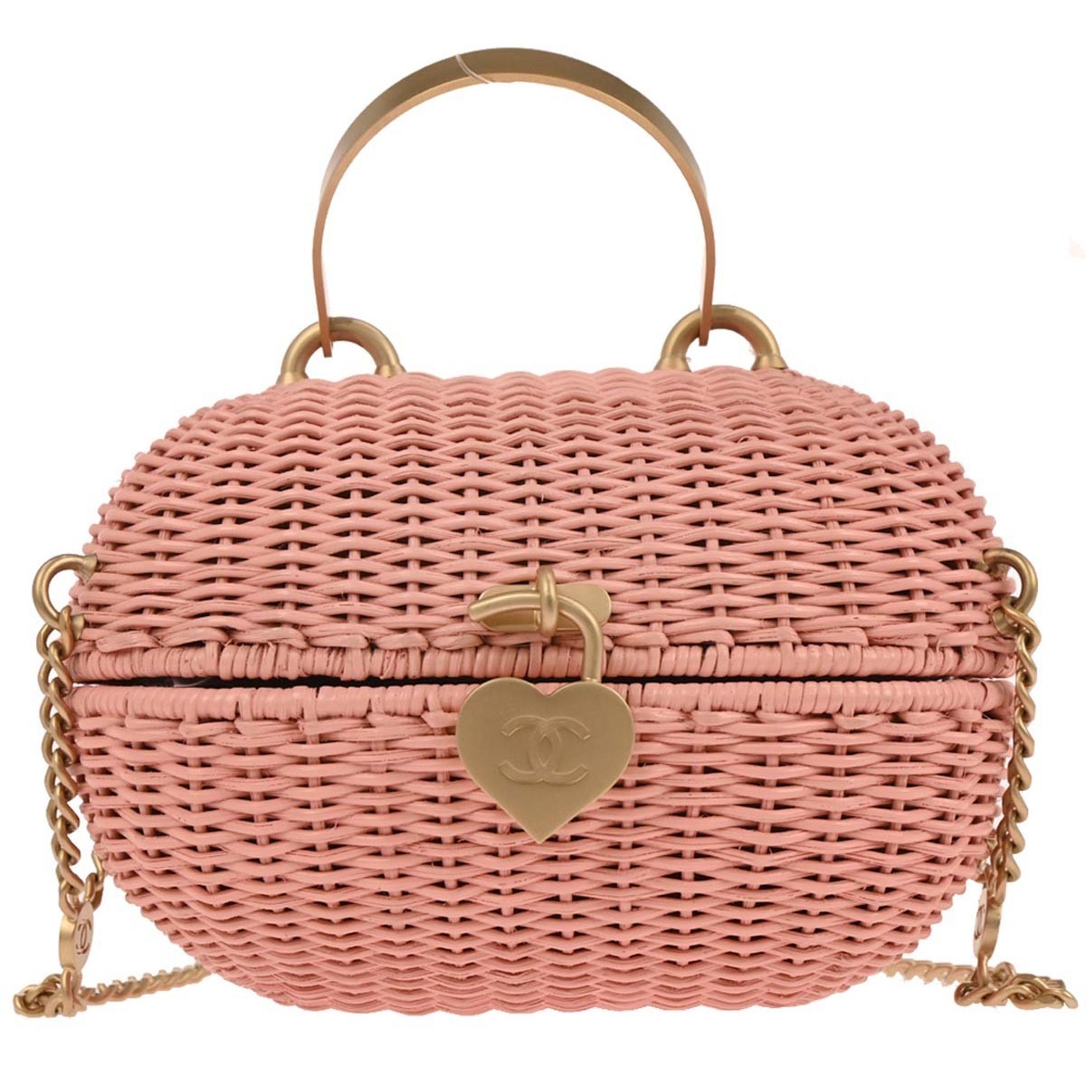 Chanel Pink Rattan Heart Lock Basket Bag 2way Handbag 117554
