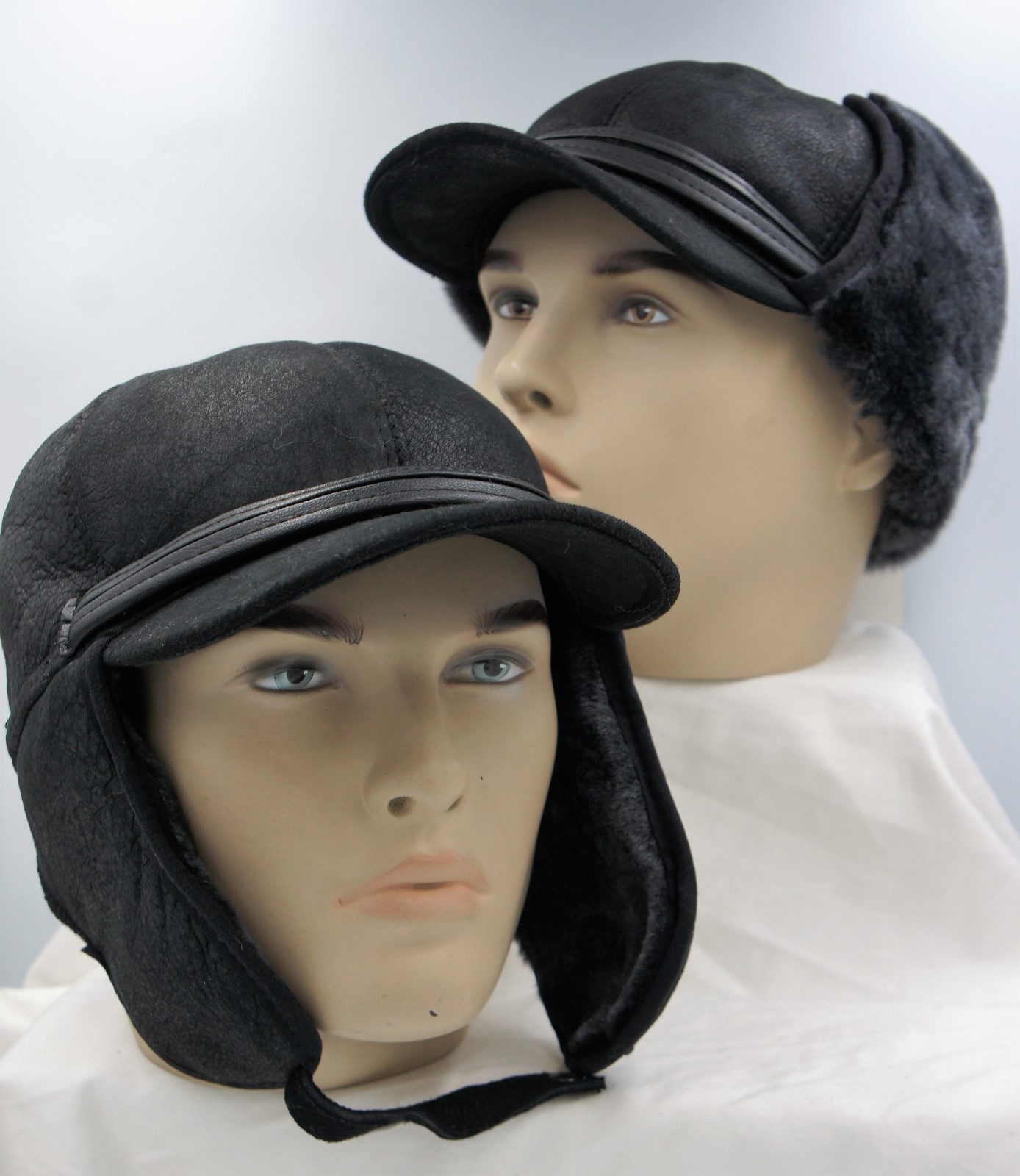 REAL SHEEPSKIN SHEARLING LEATHER Winter Aviator Hat Trapper Pilot S-3XL, BLACK