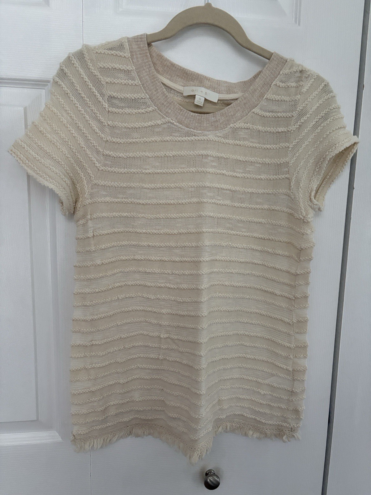 Anthropologie Knit Crew Neck Fringe Short Sleeve Top