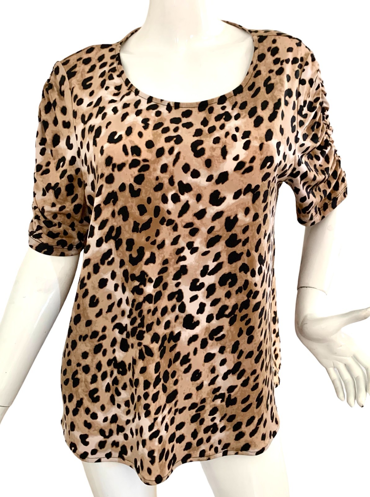 {CALVIN KLEIN} Shirt/Top/Blouse Sz. L Beige/Black Animal Print Ruched Sleeves