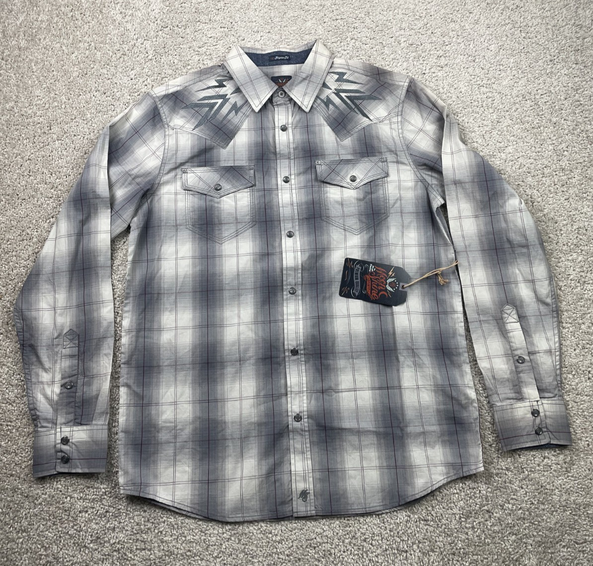 Moon Shine Spirit Western Snap Shirt Men Medium Gray Aztec Embroidered New