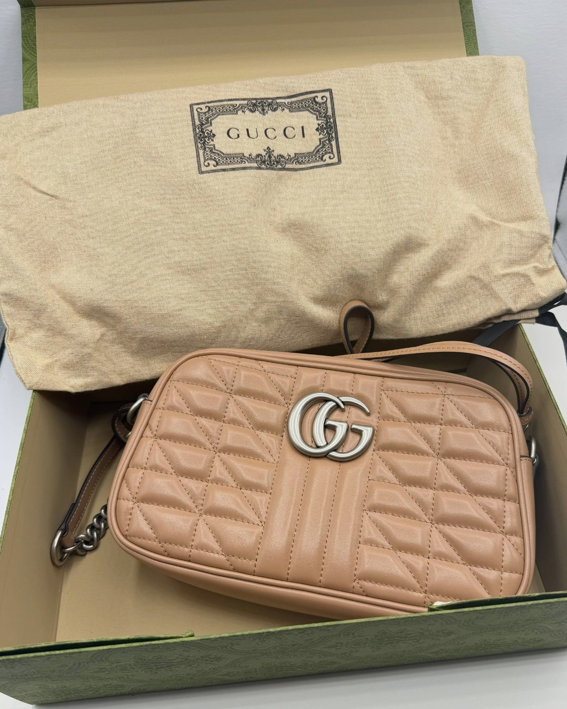 Gucci Marmont Matelassé Leather CrossBody Camera Bag 447632 Nude Beige