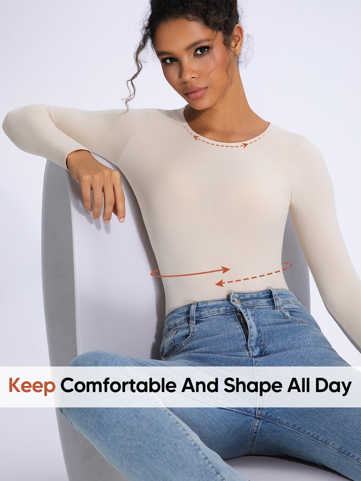 Women’s Long Sleeve Light Compression Shapewear – Seamless Waist Sculpting Top