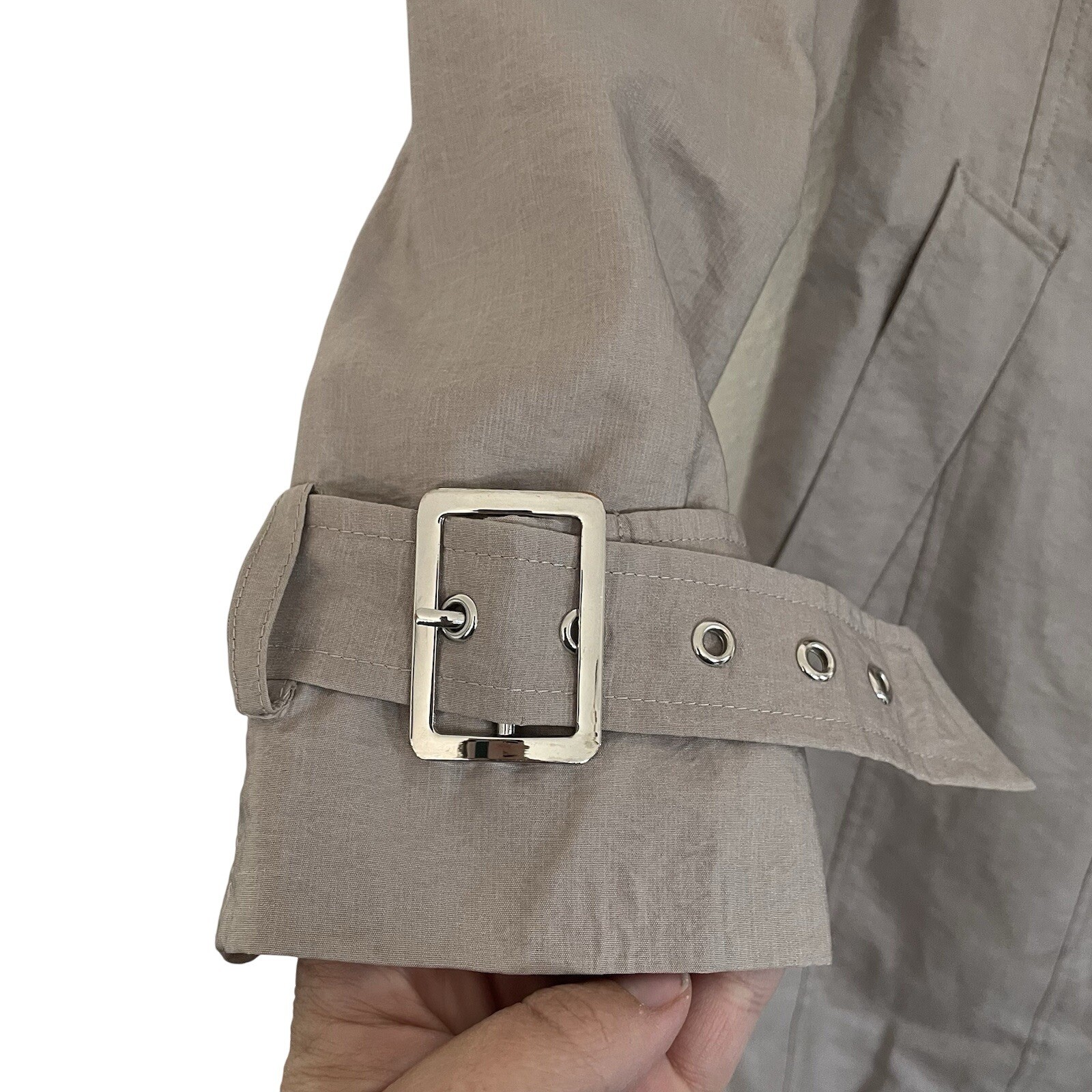 EUC Womens Tahari Tan Beige Neutral Trench Coat Ruffles Belt Dressy Nylon Medium
