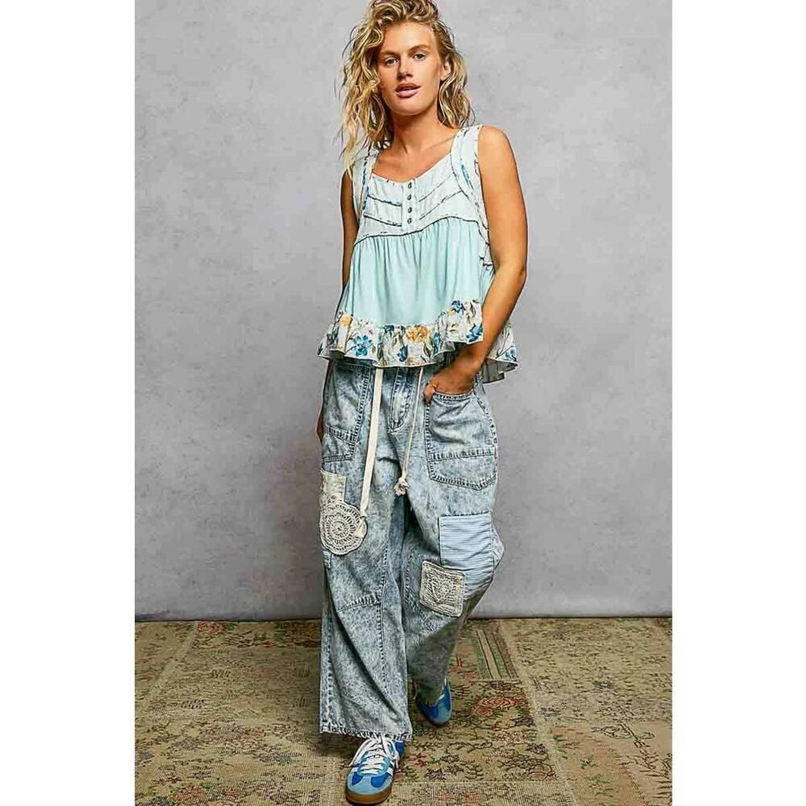 POL Square Neck Jersey Floral Trim Boho Tank Top – Pale Sky