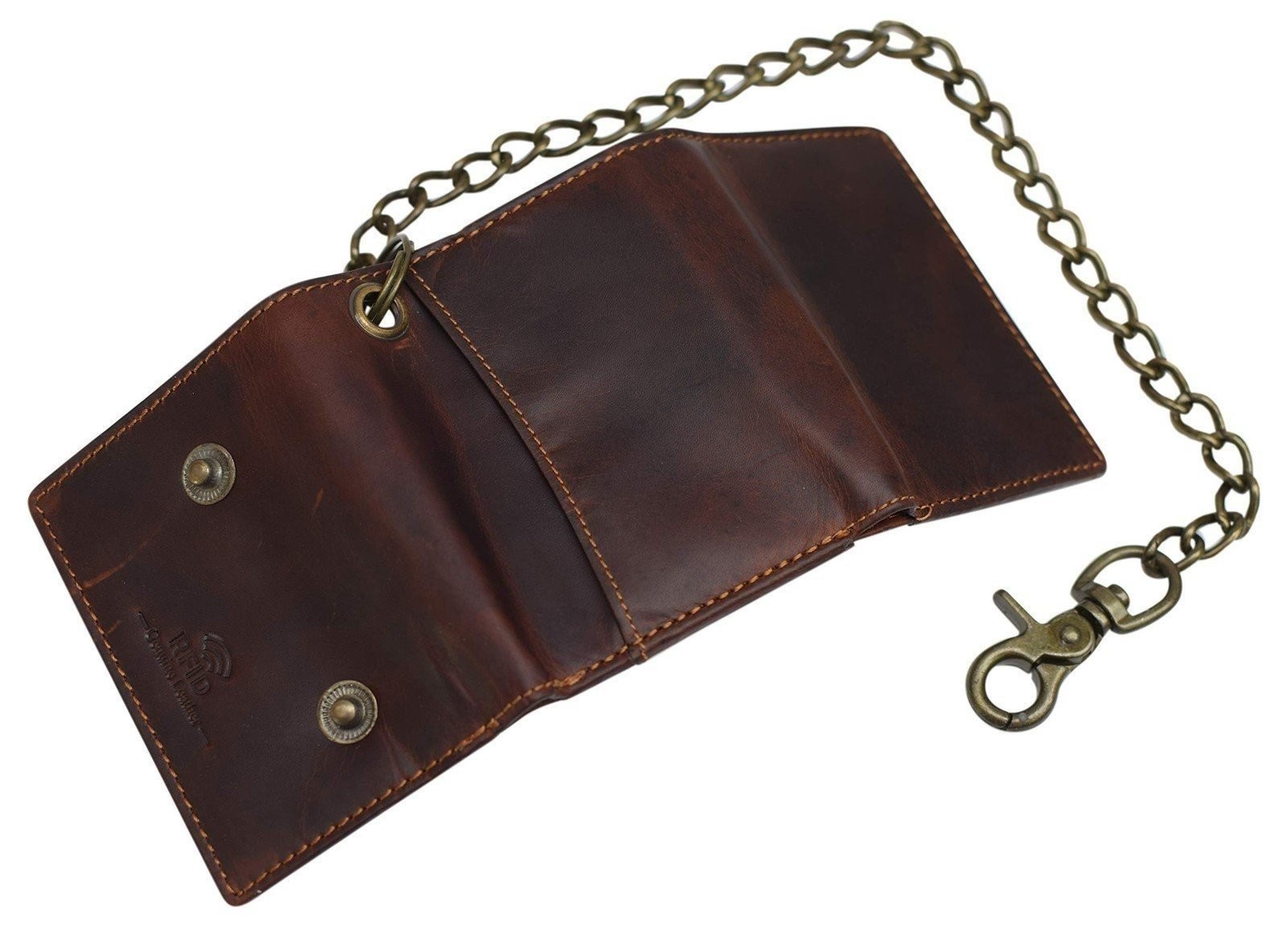 RFID Blocking Men’s Tri-fold Vintage Leather Biker Chain Wallet With Snap Closur