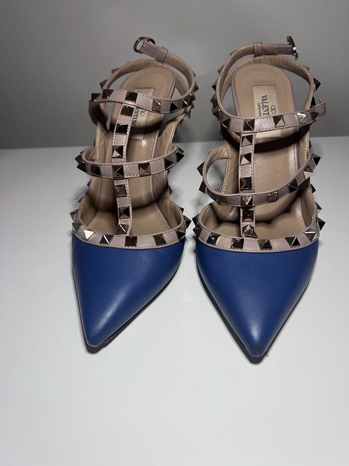 Valentino Rockstud Blue/Beige Leather Pointed Toe Ankle Strap Heels 7.5