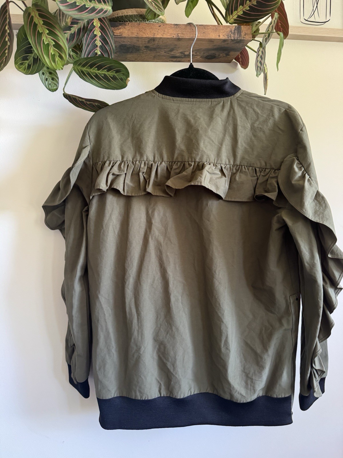 Gianni Bini GB Olive Green Ruched Ruffle Sleeve Full Zip Bomber Jacket