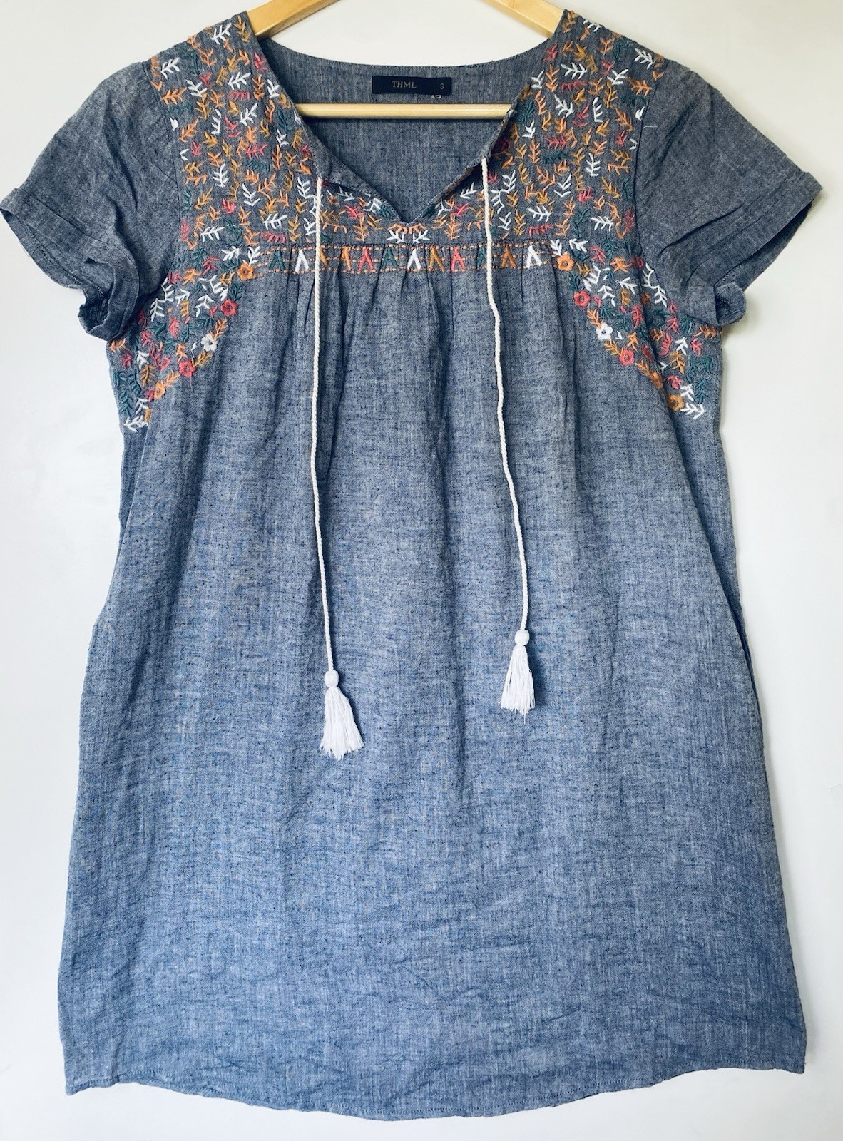 THML Embroidered Chambray Tunic Dress Blue Boho Peasant Floral Cotton Size S