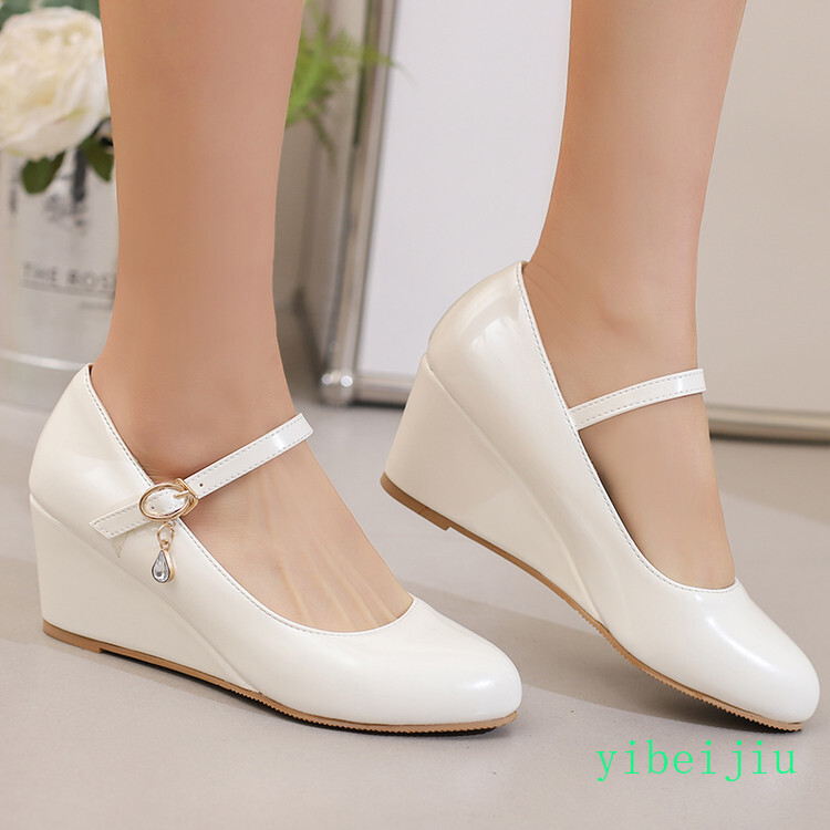 Women’s Mid Wedge Heels Mary Jane Shiny Leather Dress Wedding Shoes Rhinestone