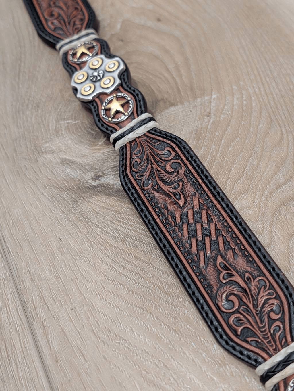 Silver Creek Tooled Leather Belt Western Sheriff Star Revolver Concho Sz 34