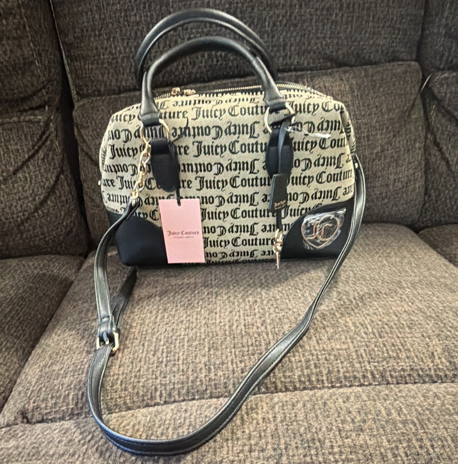 Juicy Couture Beige/Black Logo Satchel Top Handle Zip Bag w/ Detachable Strap