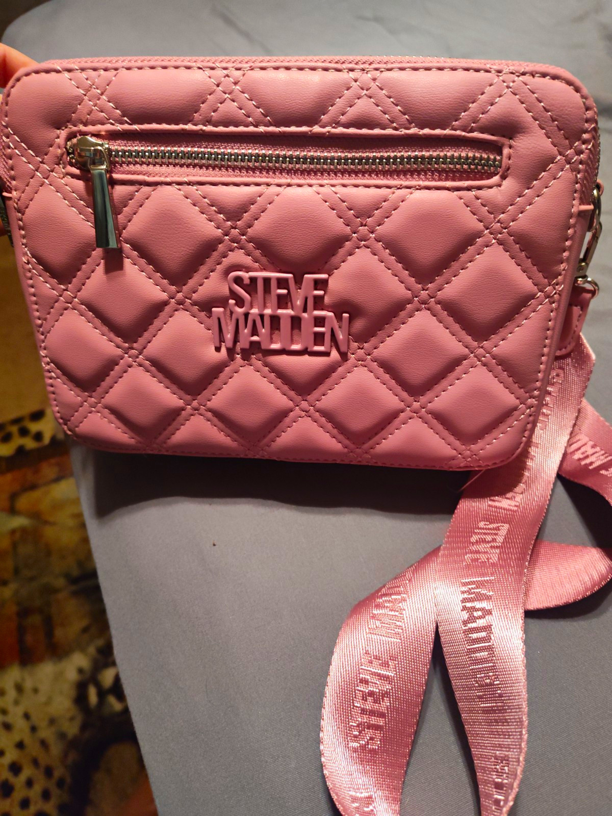 Steve Madden Pink Quilted Crossbody Bag Zip w/ Adjustable Logo Strap, Coin Pouch